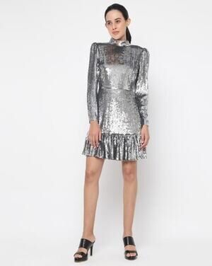 MICHAEL Michael Kors Silver Sequin Mock Neck Tiered Mini Dress Size 2